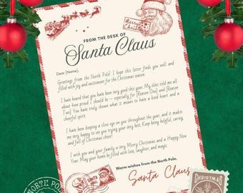 May include: A festive Christmas letter from Santa Claus, adorned with red baubles and evergreen foliage. The letter, bearing the text "From the Desk of Santa Claus," conveys seasonal greetings and features a Santa Claus illustration. Christmas stamps decorate the letter.