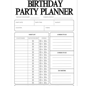 May include: A black and white birthday party planner with the title "BIRTHDAY PARTY PLANNER". The planner includes sections for party details, a guest list, and a timeline. The text "Ink-Friendly Birthday Planning" is at the top.