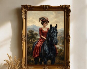 Victorian Lady on Black Horse Printable, Antique Gothic Portrait Wall Art,Moody Art, Dark Academia Vintage Equestrian Digital Download Decor
