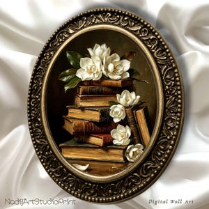 Può includere: Opera d'arte murale ovale incorniciata con una pila di vecchi libri con fiori di magnolia bianchi. La cornice è marrone scuro con dettagli ornati. L'opera è etichettata "NadiiArtStudioPrint" e "Digital Wall Art".