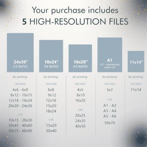 May include: An image with the text "Your purchase includes 5 HIGH-RESOLUTION FILES." It shows five rectangular blocks with size options, including 24x36 inches, 18x24 inches, 16x20 inches, A1, and 11x14 inches. Below each size are printing options in inches and centimeters.