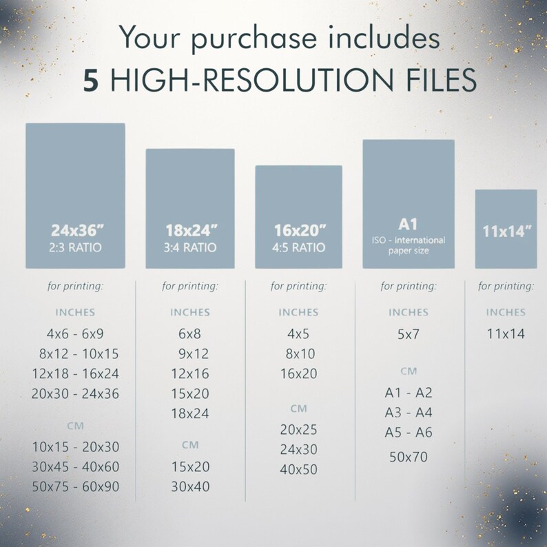 May include: An image with the text "Your purchase includes 5 HIGH-RESOLUTION FILES." It shows five rectangular blocks with size options, including 24x36 inches, 18x24 inches, 16x20 inches, A1, and 11x14 inches. Below each size are printing options in inches and centimeters.