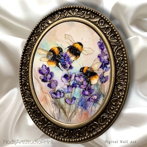Bumblebee Wall Art with Lavender Flowers, Romantic Floral Print, Botanical Bee Painting, Cottagecore Decor, Nature Gift, Digital Download