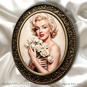 Può includere: Ritratto ovale incorniciato di una donna bionda con labbra rosse, con un bouquet di rose bianche. La cornice è dorata e ornata. I testi "NadiiArtStudioPrint" e "Digital Wall Art" sono visibili.