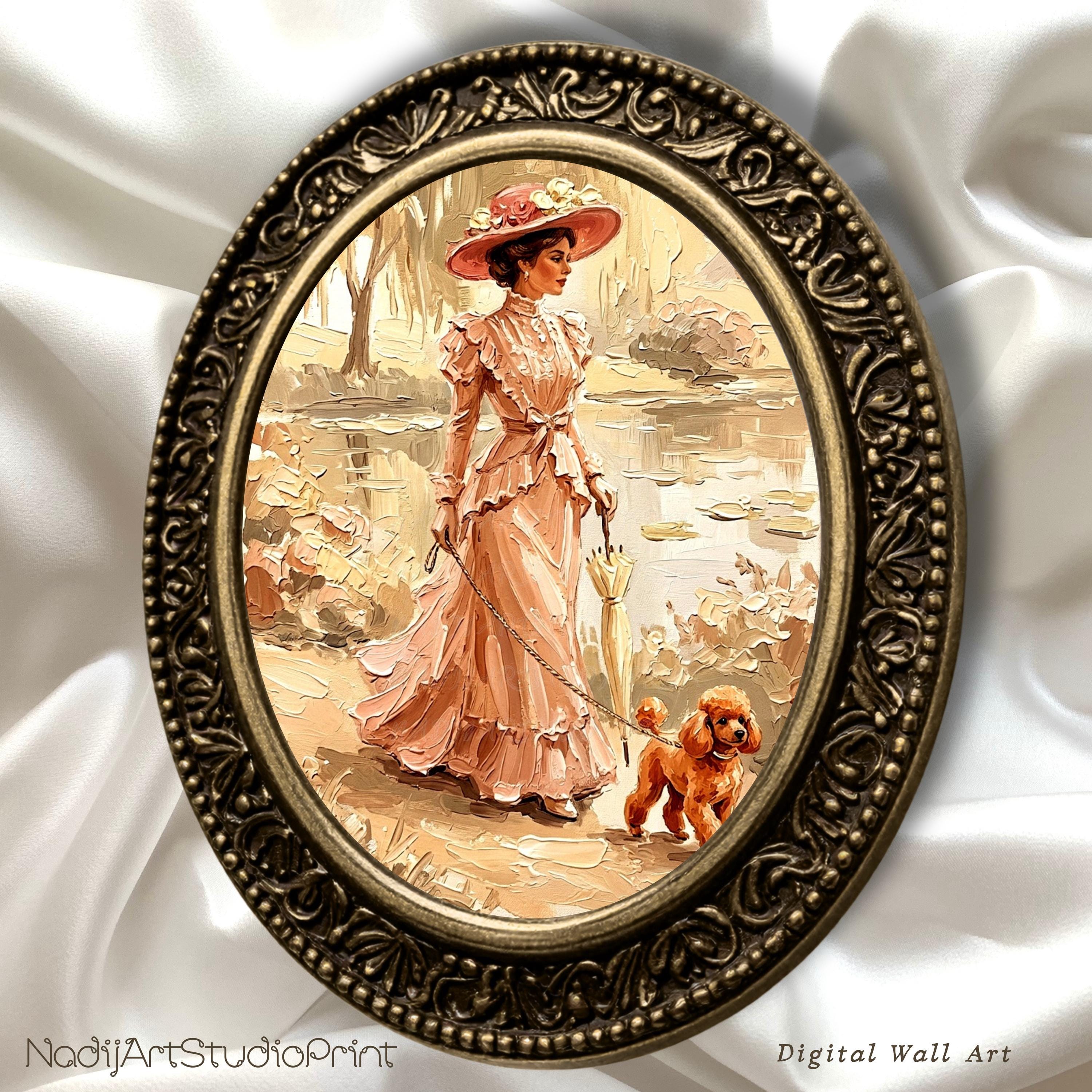 Victorian Lady With Poodle Printable Wall Art, Elegant Woman Walking ...