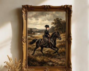 Victorian Woman Riding Black Horse Printable,Antique Equestrian Wall Art,Moody Artwork,Dark Academia Vintage Painting Digital Download Decor