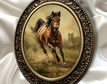 Vintage Running Horse Wall Art Printable, Antique Equestrian Oil Painting, Moody Art,Rustic Western Farmhouse Decor,Digital Download Artwork