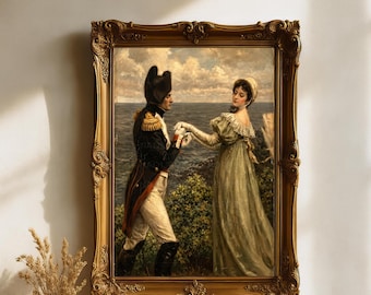 Victorian Harbor Romance Printable, Antique Couple Painting Wall Art, Regency Coastal Scene Digital Download Vintage Decor, Neutral Artwork