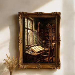 May include: A framed painting of a vintage library scene. The artwork depicts a wooden desk with an open book, a quill, and a window with sunlight streaming through. A large bookshelf and a leather chair are also visible.