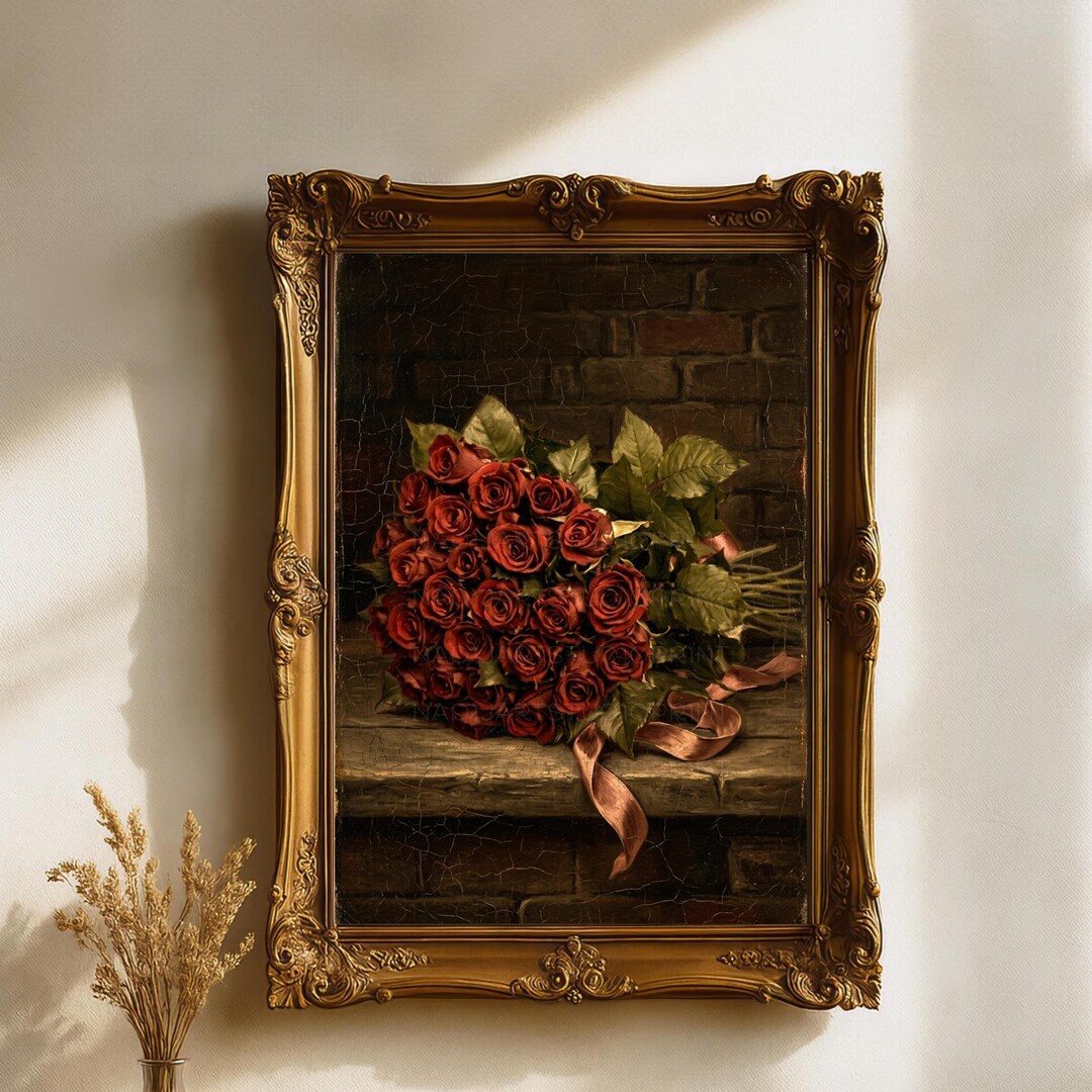 Vintage Red Roses Still Life Wall Art, Moody Botanical Printable,dark ...