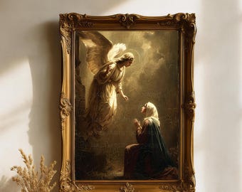 May include: A rectangular wall art print featuring a classical painting of an angel appearing before a kneeling figure, enclosed in an ornate, antique-style gold frame with intricate scrollwork details and a visible cracked texture finish.