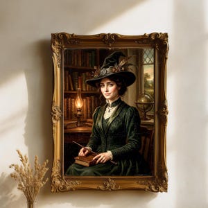 May include: A framed portrait painting of a person wearing a dark green dress with intricate embroidery and a matching wide-brimmed pointed hat adorned with feathers. The person holds a book and a wand in a library setting with a glowing oil lamp.