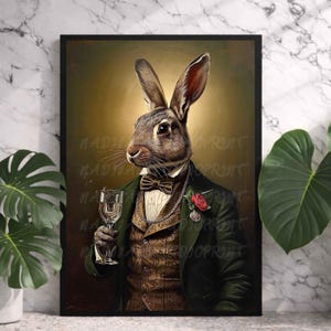 May include: A framed art print featuring a rabbit dressed in a formal suit, holding a glass of wine. The rabbit has brown fur and is wearing a green jacket, a patterned vest, and a bow tie. A red rose is pinned to the lapel. The background is a gradient of gold and brown.