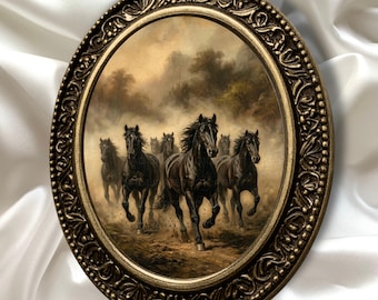 Wild Black Horses Running Wall Art Printable,Dark Academia Equestrian Decor,Moody Gothic Art,Vintage Horse Painting Digital Download Artwork