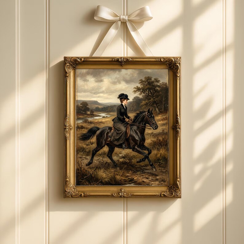 May include: A framed vintage painting of a woman riding a black horse through a field. The painting has a gold ornate frame and is suspended by a cream-colored ribbon. The artwork depicts a landscape with a river and trees.