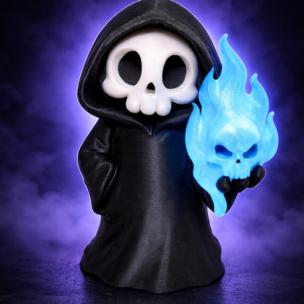 Figurka Grim Reaper | Błękitna Płomienna Czaszka, Gotycka Dekoracja Biurka, Posąg Drukowany w 3D