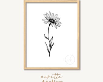 Minimalist Daisy Illustration, Black and White Botanical Pen Drawing (Digital Download) 64