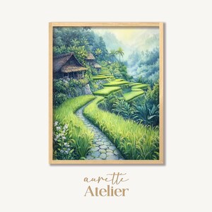 Lush Green Terraced Rice Field Painting - Cottagecore Landscape, Serene Tropical Scene, Morning Mist Decor Digital Instant Printable 409