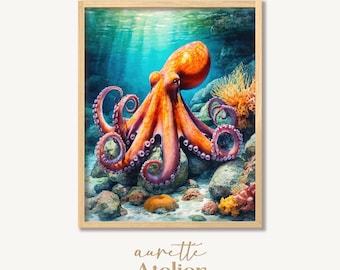 Vibrant Orange Octopus Painting, Coastal Underwater Sea Art (Digital Download) 19