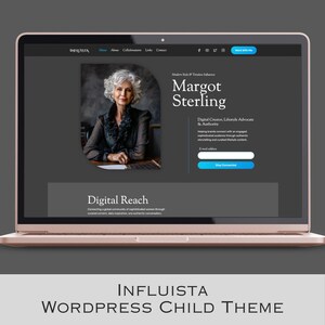 May include: A laptop screen displaying the Influista WordPress child theme website. The interface features a dark gray background, a portrait of a person, and text including Margot Sterling, Digital Creator, Lifestyle Advocate & Authority.