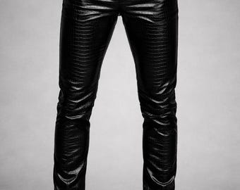Krokodilleder geprägte Slim Fit Hose, Schwarze Bikerhose