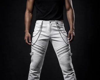 Weiße Echtleder Bikerhose | Slim Fit Gothic Punk Streetwear