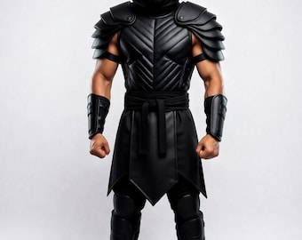 Herren Schwarz Leder Ninja Rüstung Kostüm | Gaming Cosplay Assassin Outfit | Halloween-Kostüm