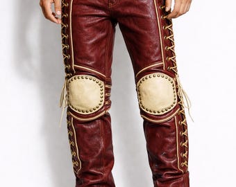 Handmade Mexican Genuine Lamb Leather Men Lace Up Pants, Burgundy Steampunk Biker Leather Trousers
