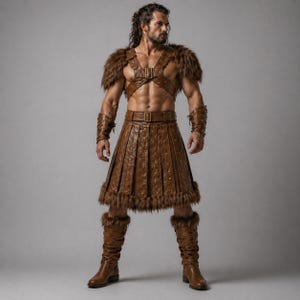 Conjunto de Kilt Gladiador Masculino em Couro Marrom com Pele – Traje Viking LARP