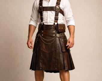 Brauner Leder Kilt für Herren mit Harness, Irischer Schottischer Kilt, Celtic Highland Outfit
