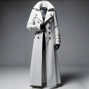 Puede incluir: Un abrigo largo blanco con cuello ancho y cierre de botones cruzados. El abrigo presenta múltiples botones plateados y detalles de hebillas en las mangas. El abrigo es largo hasta el suelo y tiene una abertura en la espalda.