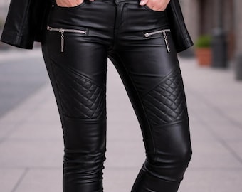 Echte Lammleder Bikerhose | Hohe Taille gesteppte Lederhose
