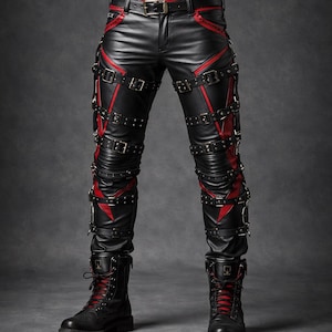 May include: Black leather pants with red accents and multiple straps with buckles. The pants have a belt and are paired with black boots with red laces. The design is edgy and features a bold, detailed aesthetic.