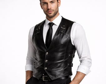 Herren Formelle handgefertigte schwarze echte Lammlederweste, Slim Fit Weste,