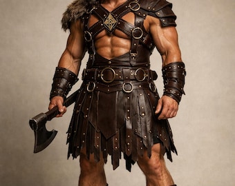Wikinger Kostüm Kilt & Harness Herren Braun Leder| Spartan Cosplay Outfit