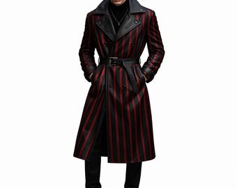 Black and Red Gothic Military Long Leather Trench Coat| Custom Winter Overcoat