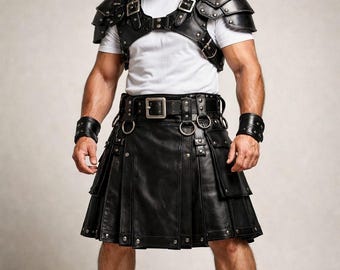 Kilt aus schwarzem Leder für Herren, Gothic Gladiator Outfit, Mittelalter LARP Cosplay Kostüm