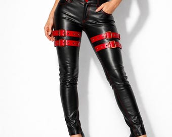 Echtes Lammleder Hose, Schwarz Rot Schnallenriemen, Anime Cosplay Kostüm, Nach Maß