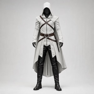Assassin Hooded Long Coat Costume | White Leather Duster, Cross Harness, Pants