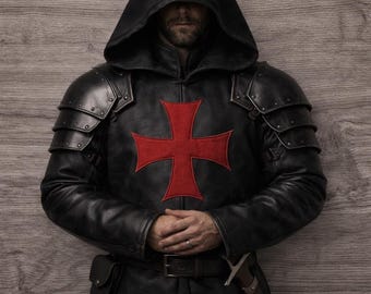 Mittelalterliche handgefertigte Leder-Ritterrüstung mit Kapuze – Kreuzritter Templar – Assassinen-Kostüm
