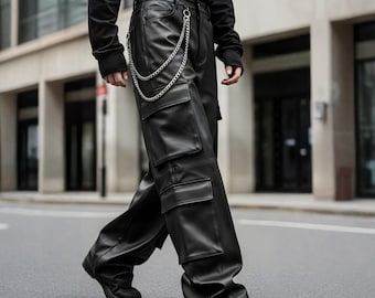 Men's Baggy Leather Cargo Pants | Handmade Black Streetwear Pants | Wide Gothic Grunge Fashion Wear