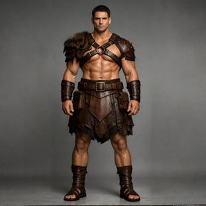 Puede incluir: Un disfraz de gladiador de cuero marrón con detalles de piel en los hombros, arnés en el pecho y brazaletes con tachuelas. El disfraz incluye un cinturón con bolsillos y una falda en capas. Las sandalias de gladiador completan el look.