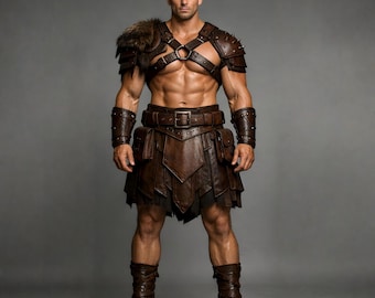 Viking Costume Kilt & Harness Men's Brwon Leather| Fur And Spike Costume