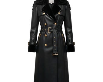 Handgefertigter Schwarzer Leder Trenchcoat | Langer Mantel aus 100% echtem Rindsleder | Winter-Pelz-Kragen