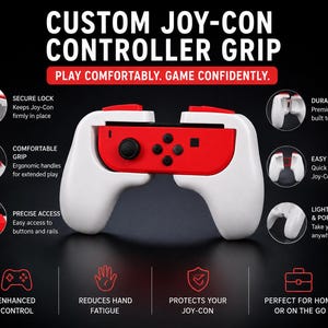 May include: A white custom Joy-Con controller grip holding a red game controller. The image features text including CUSTOM JOY-CON CONTROLLER GRIP, PLAY COMFORTABLY. GAME CONFIDENTLY, SECURE LOCK, COMFORTABLE GRIP, PRECISE ACCESS, DURABLE DESIGN, EASY TO INSERT, and LIGHTWEIGHT & PORTABLE.