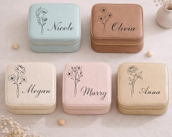 Personalized Floral Jewelry Travel Case, Custom Name Jewelry Box, Bridesmaid Jewelry Organizer, Minimalist Jewelry Storage, Gift for Women