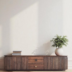 Luxury Curved Media Console | Handmade Walnut,Walnut Mid-Century TV Console with Fluted Cabinets & Open Shelves,Modern Wooden TV Stand,