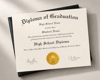 Personalized High School Diploma for Homeschool, Gold Foil Seal, Printed & Shipped, Optional Padded Folder