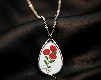 Personalized Birth Flower Necklace • Custom Floral Oval Pendant