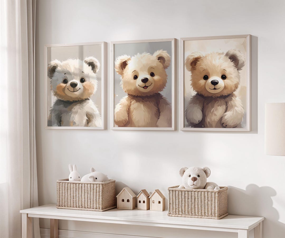 Teddy Bear Nursery Wall Art Set of 3, Neutral Baby Room Decor (digital ...